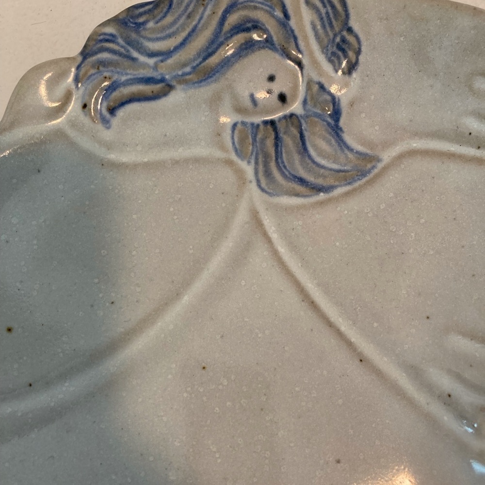 Erickson Angel Platter Grey W/ Blue Hair Smooth Pottery Blue Angel Face